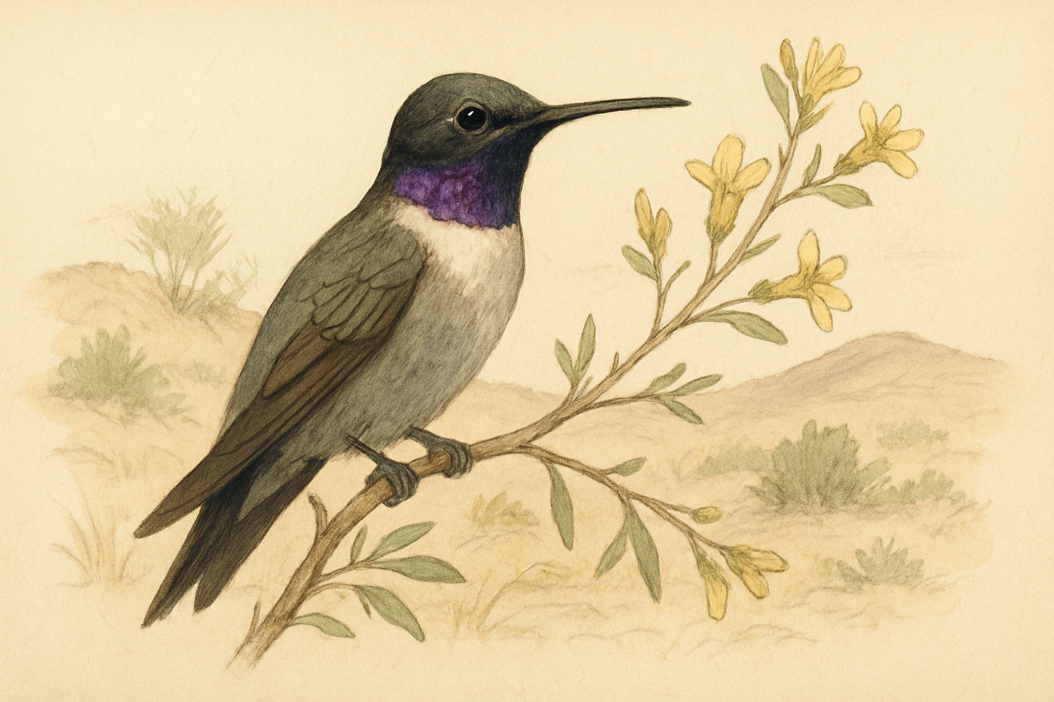 Stylized field-guide illustration of a Black-chinned Hummingbird