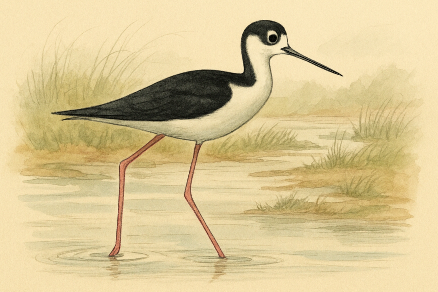 Stylized field-guide illustration of a Black-necked Stilt