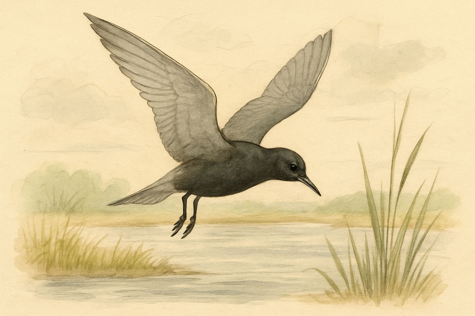 Stylized field-guide illustration of a Black Tern