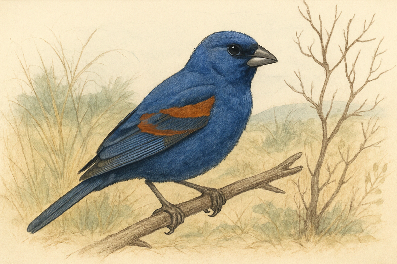 Stylized field-guide illustration of a Blue Grosbeak