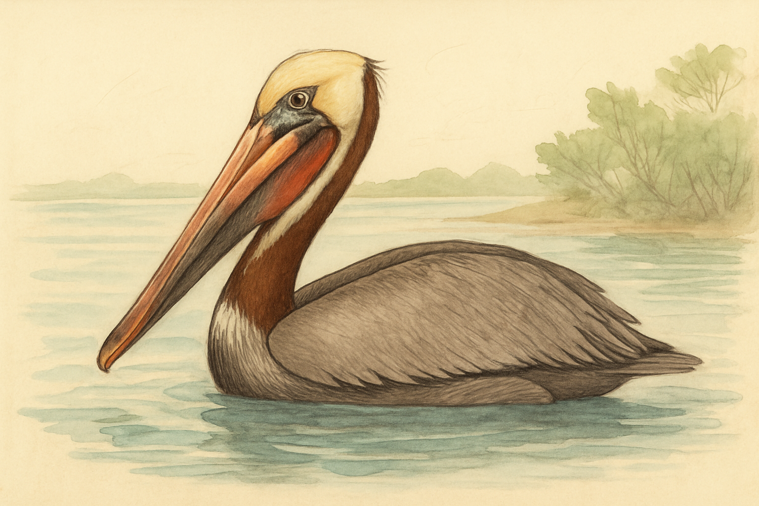 Stylized field-guide illustration of a Brown Pelican
