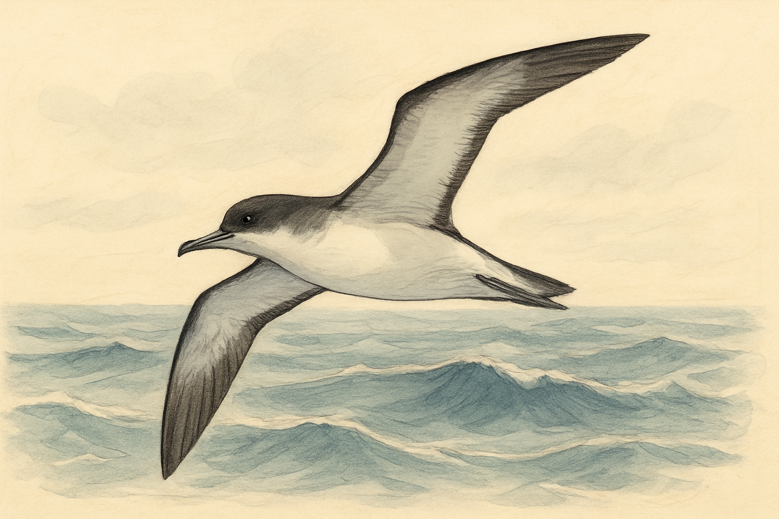 Stylized field-guide illustration of a Buller's Shearwater
