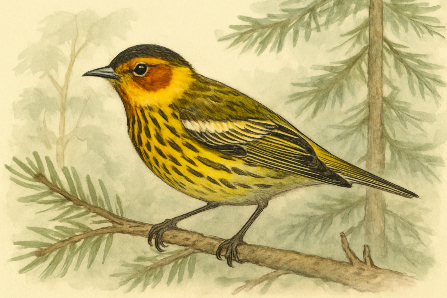 Stylized field-guide illustration of a Cape May Warbler