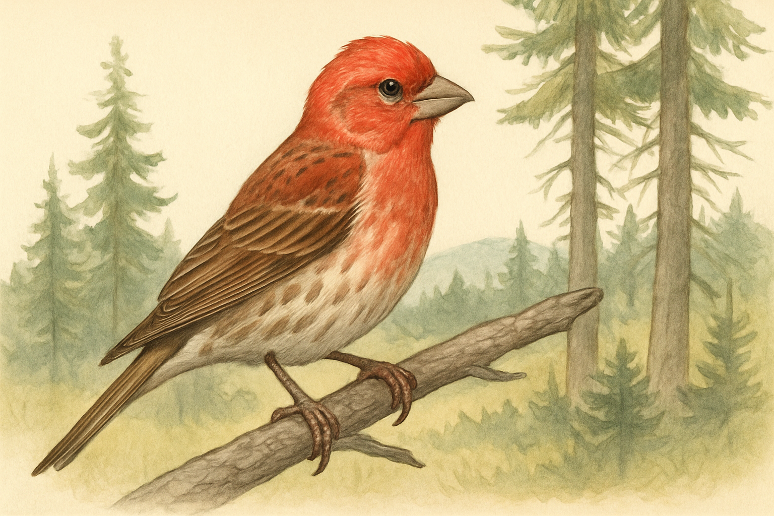 Stylized field-guide illustration of a Cassin's Finch