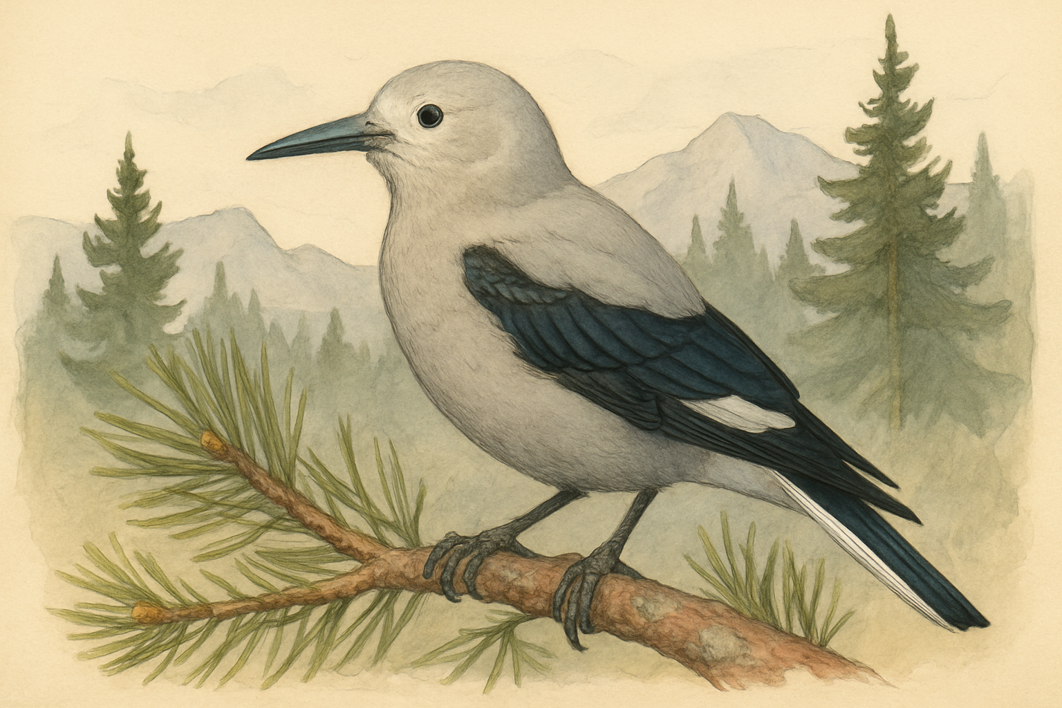Stylized field-guide illustration of a Clark's Nutcracker