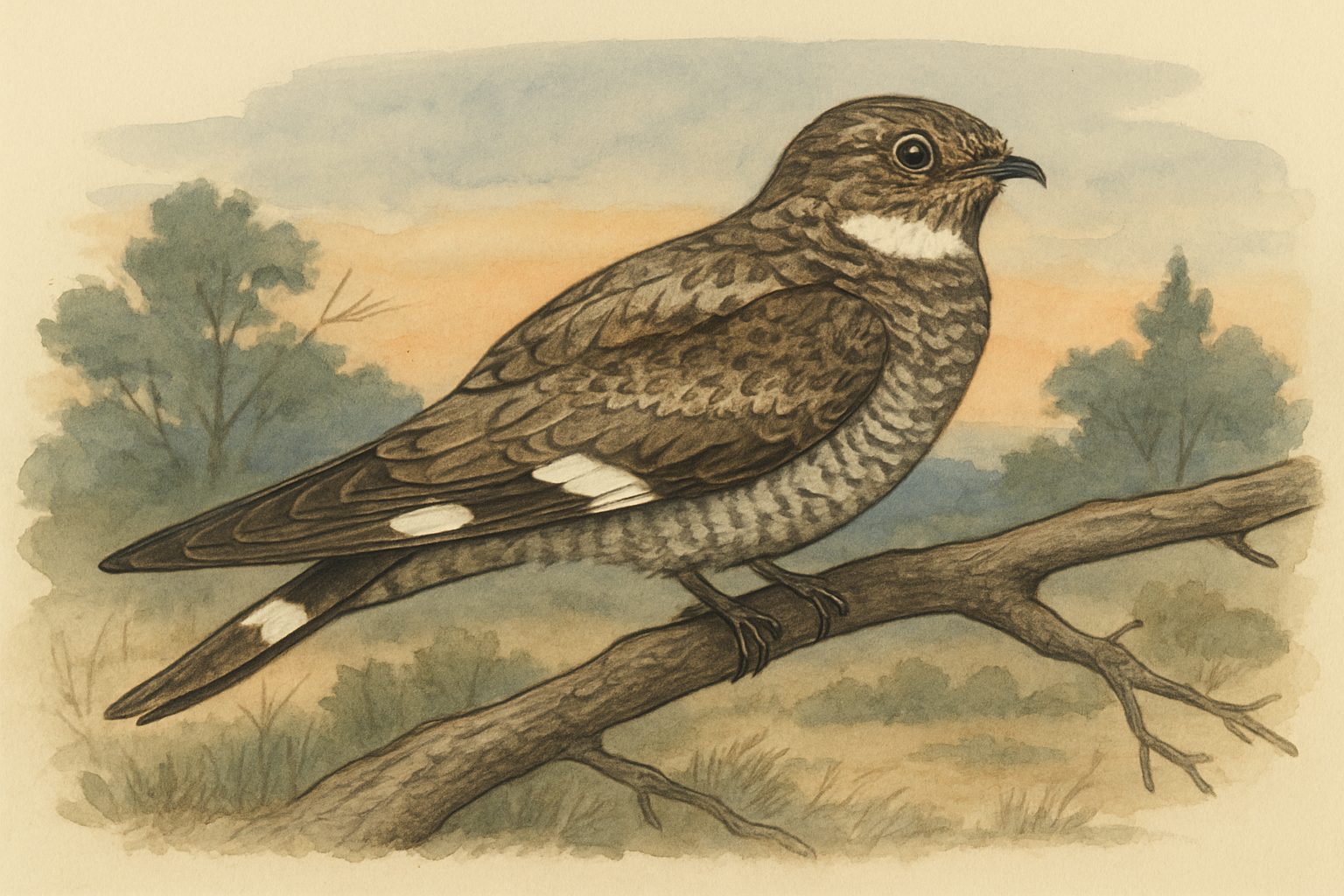 Stylized field-guide illustration of a Common Nighthawk