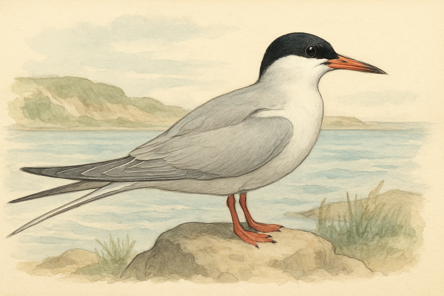 Stylized field-guide illustration of a Common Tern