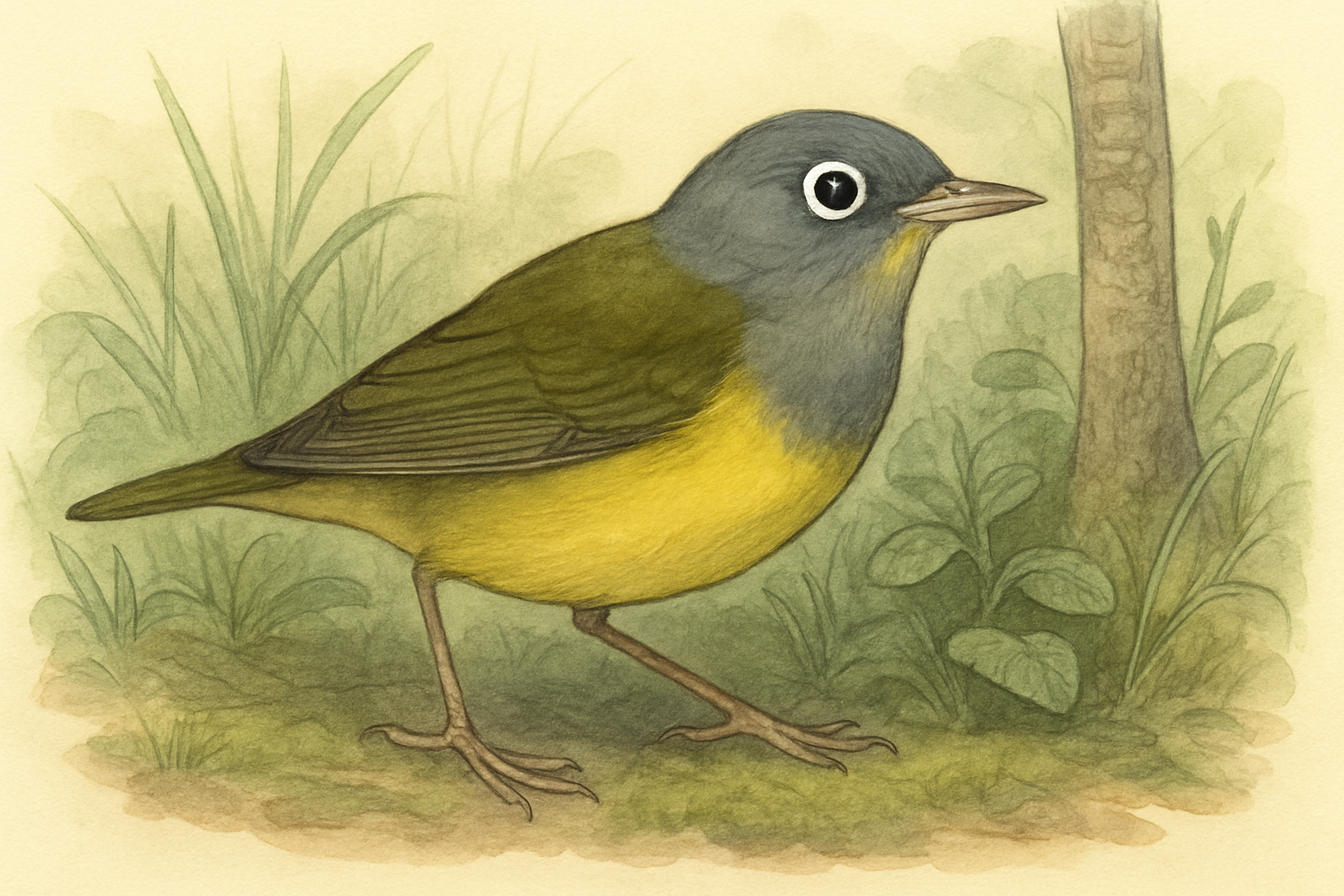 Stylized field-guide illustration of a Connecticut Warbler