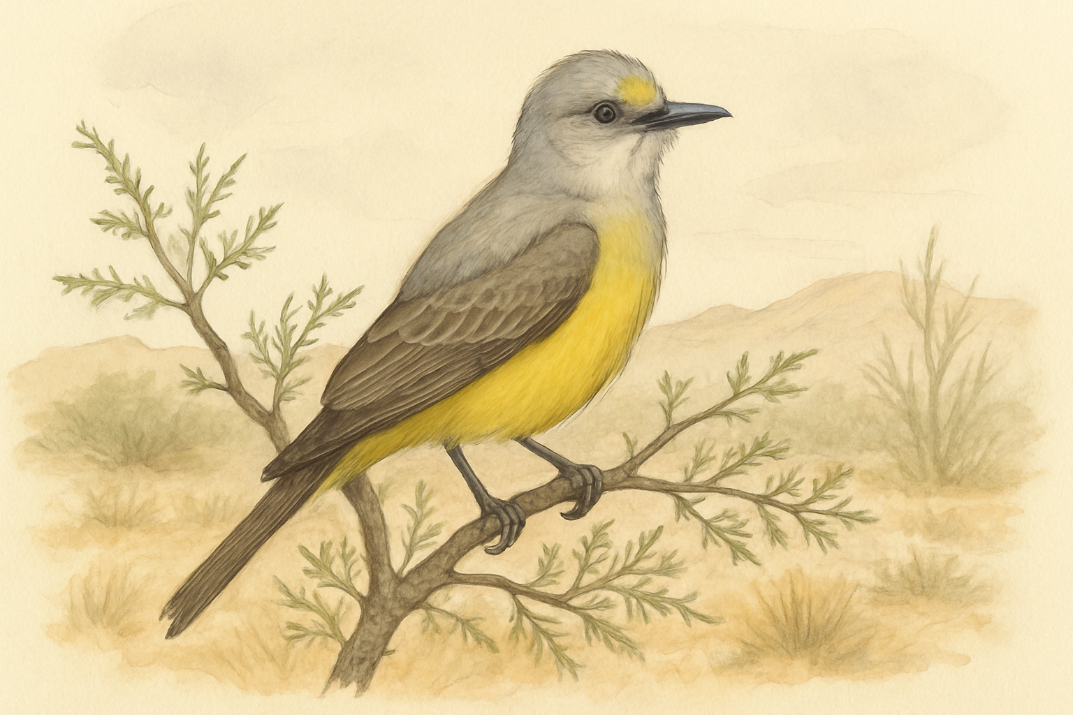 Stylized field-guide illustration of a Couch's Kingbird