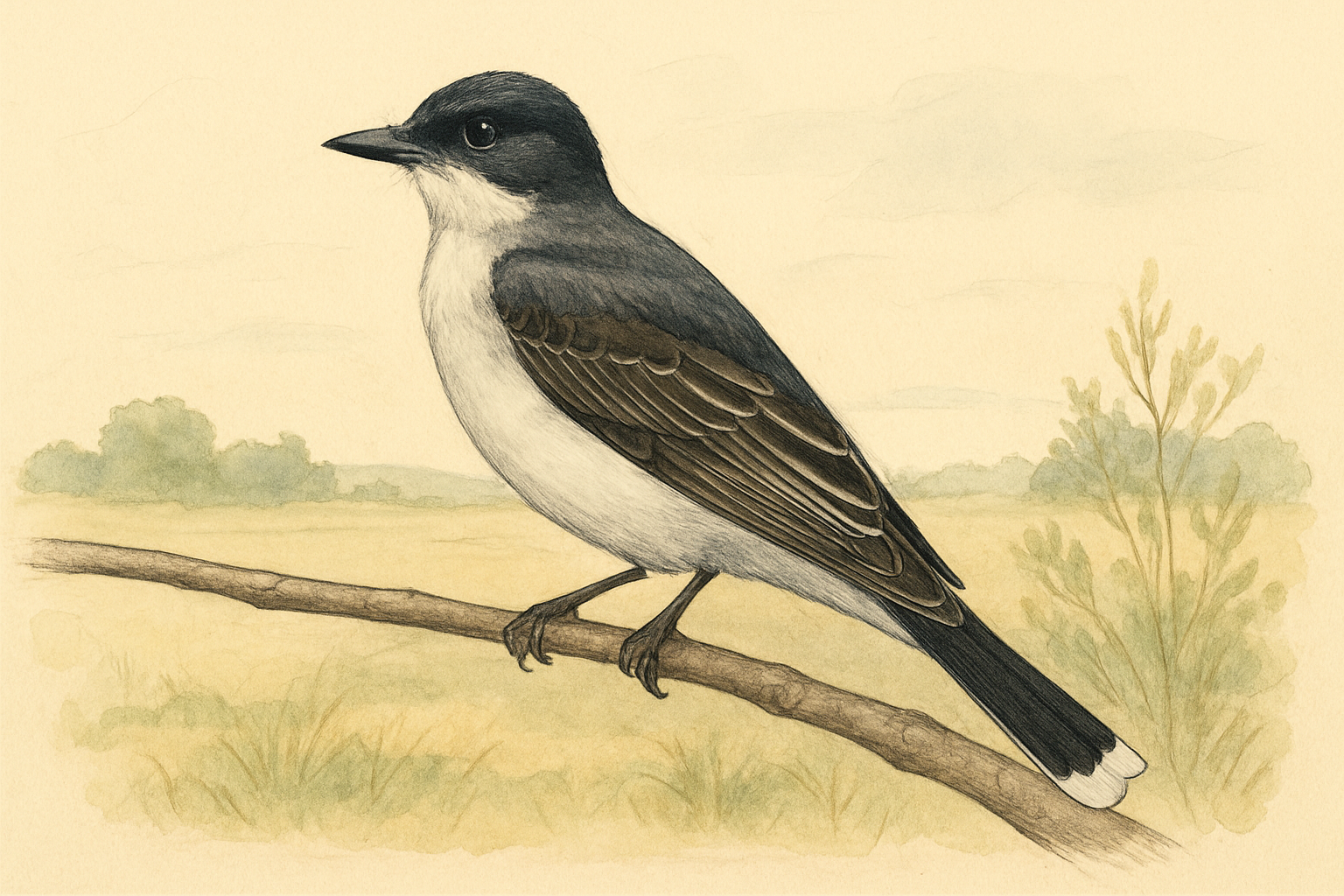 Stylized field-guide illustration of a Eastern Kingbird