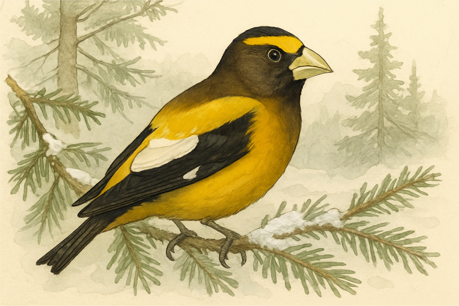 Stylized field-guide illustration of a Evening Grosbeak