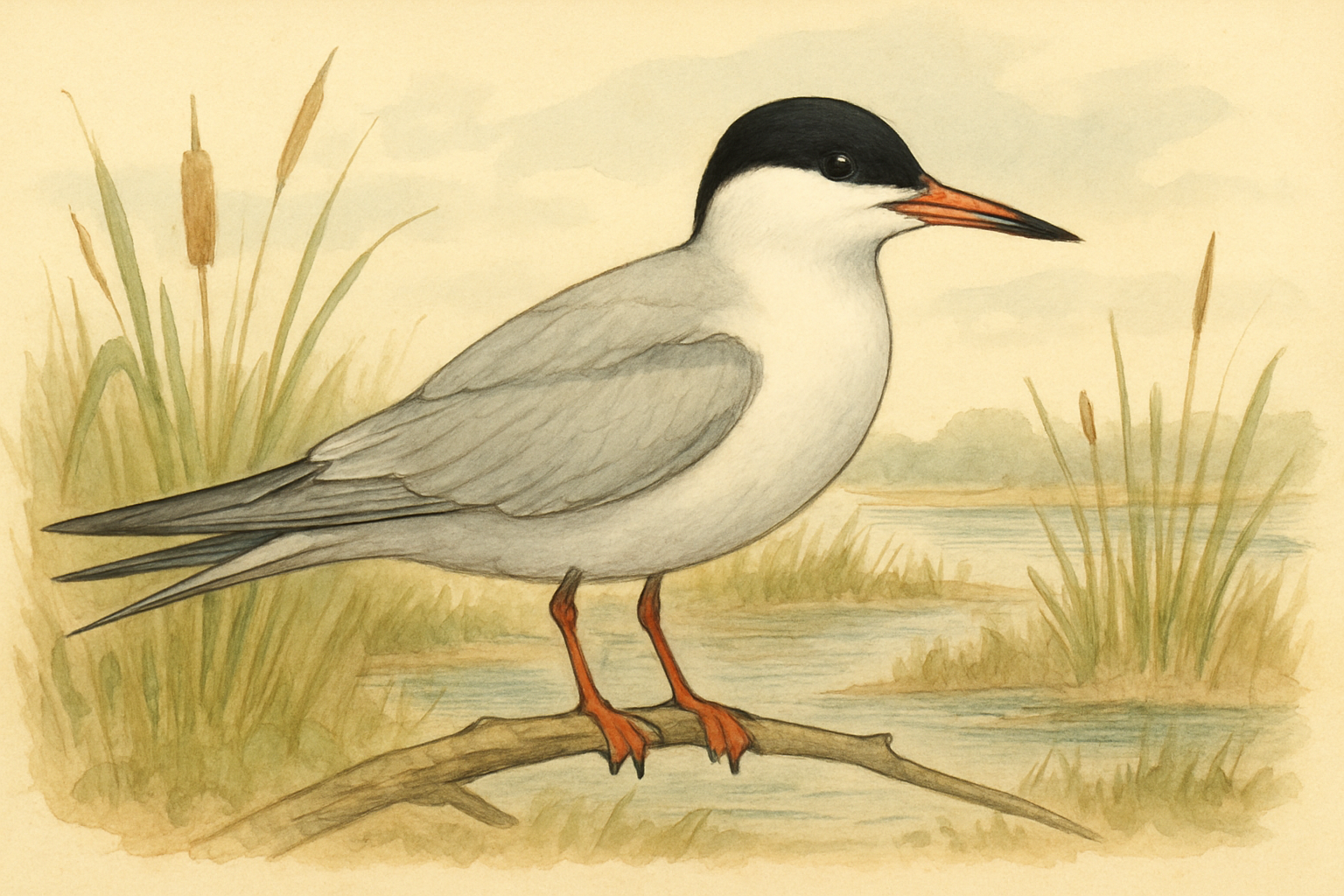 Stylized field-guide illustration of a Forster's Tern