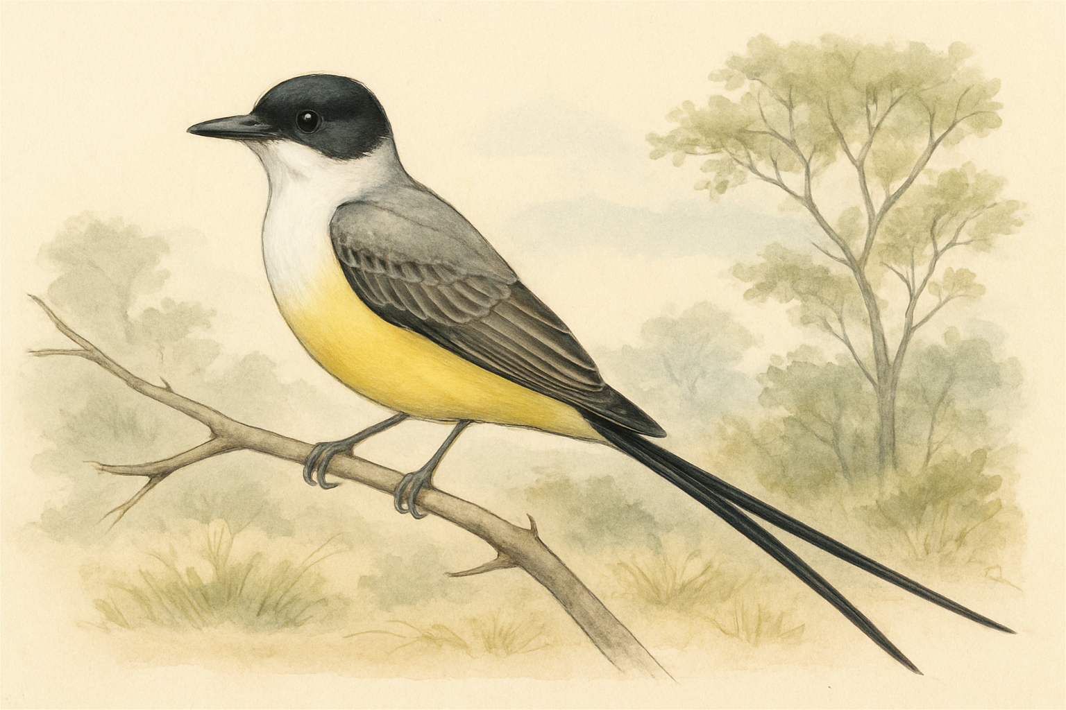 Stylized field-guide illustration of a Fork-tailed Flycatcher