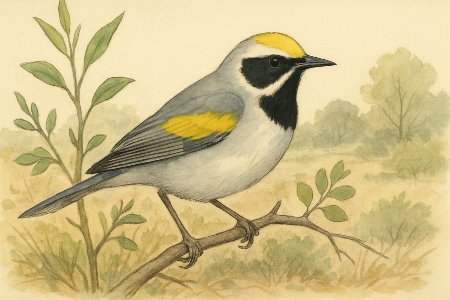 Stylized field-guide illustration of a Golden-winged Warbler
