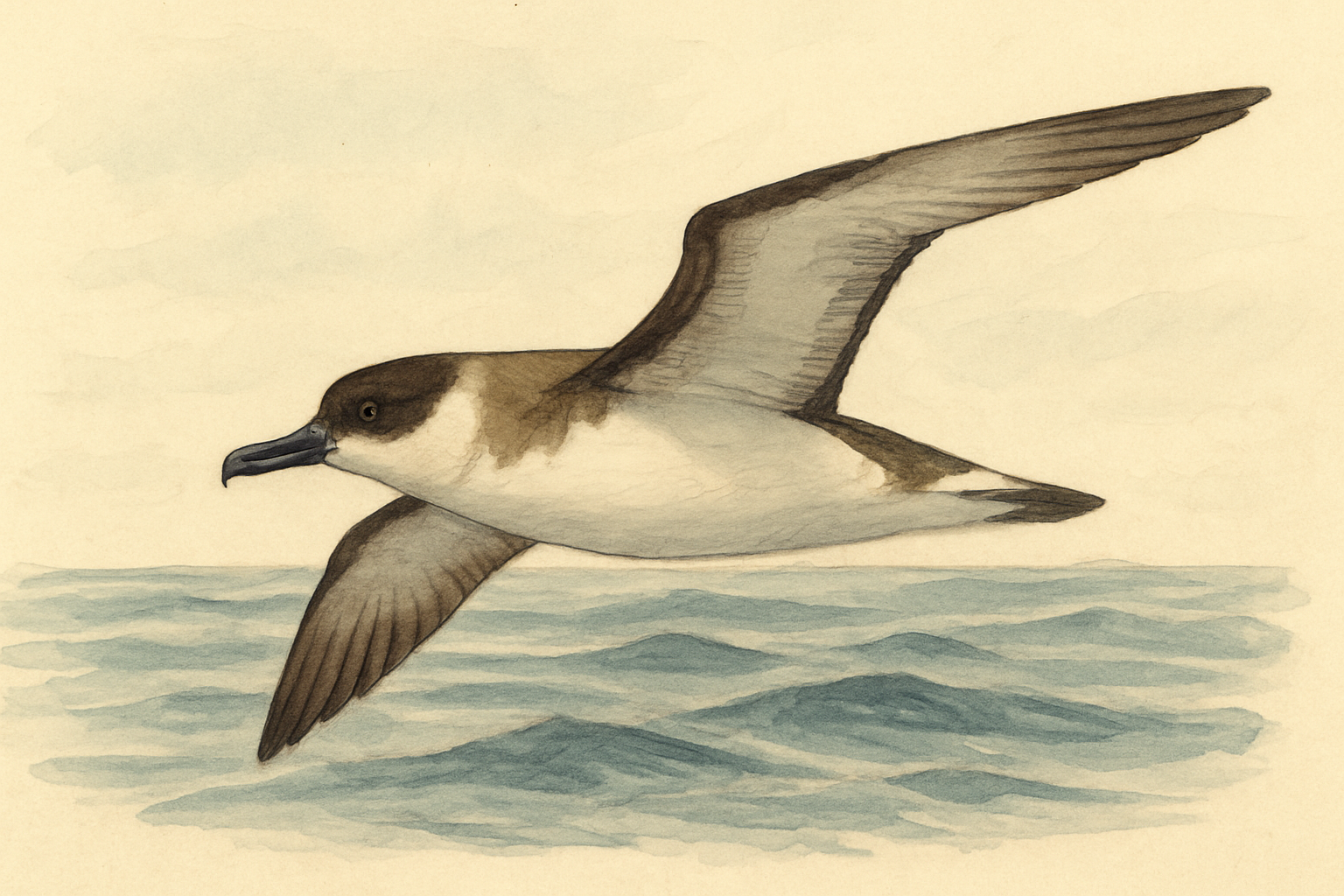 Stylized field-guide illustration of a Great Shearwater
