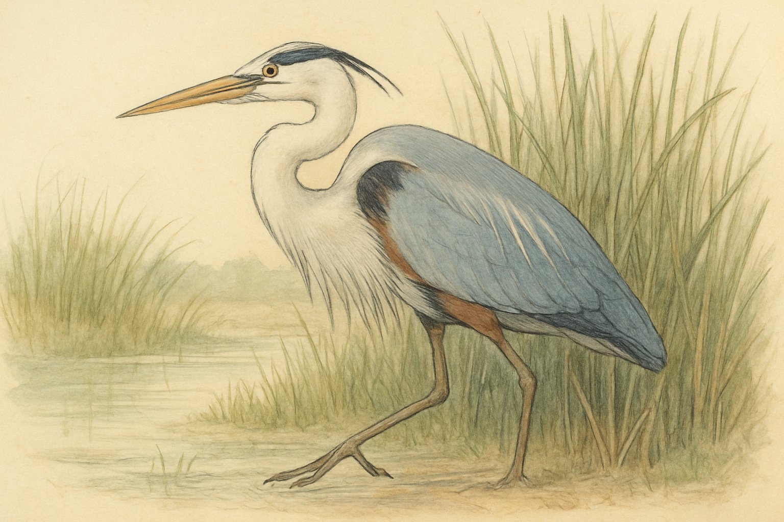 Stylized field-guide illustration of a Great Blue Heron (Great White)