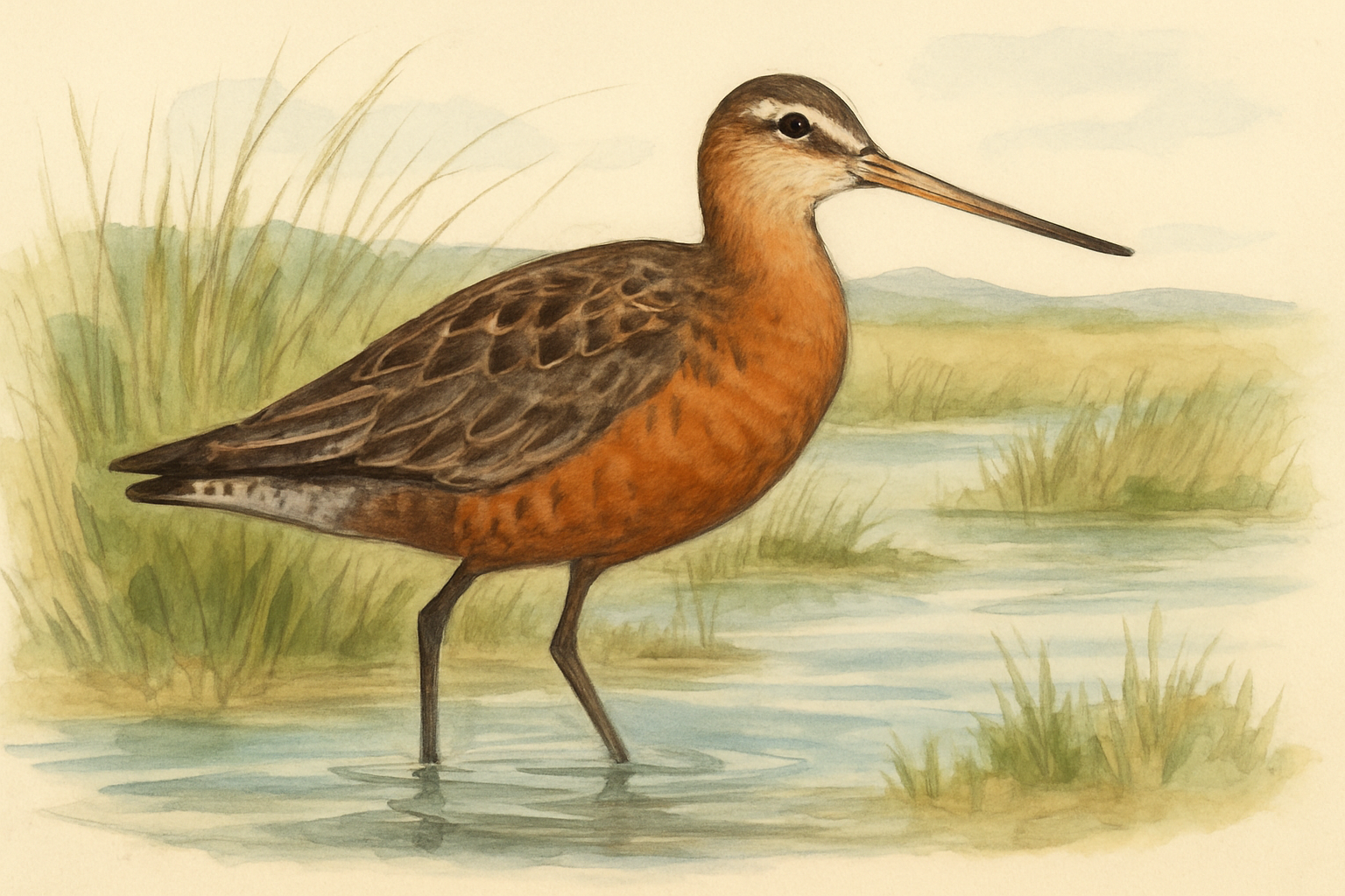 Stylized field-guide illustration of a Hudsonian Godwit