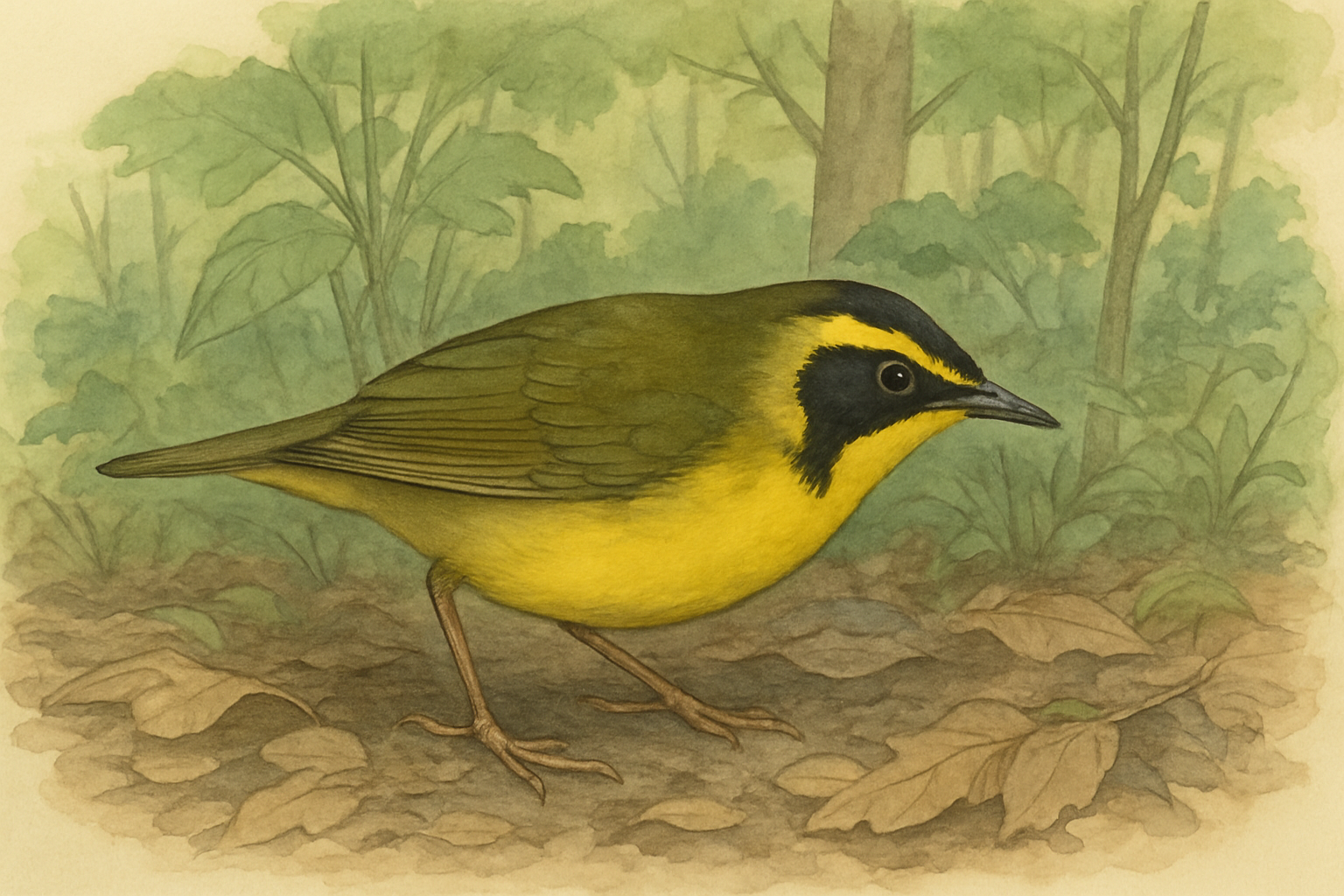Stylized field-guide illustration of a Kentucky Warbler