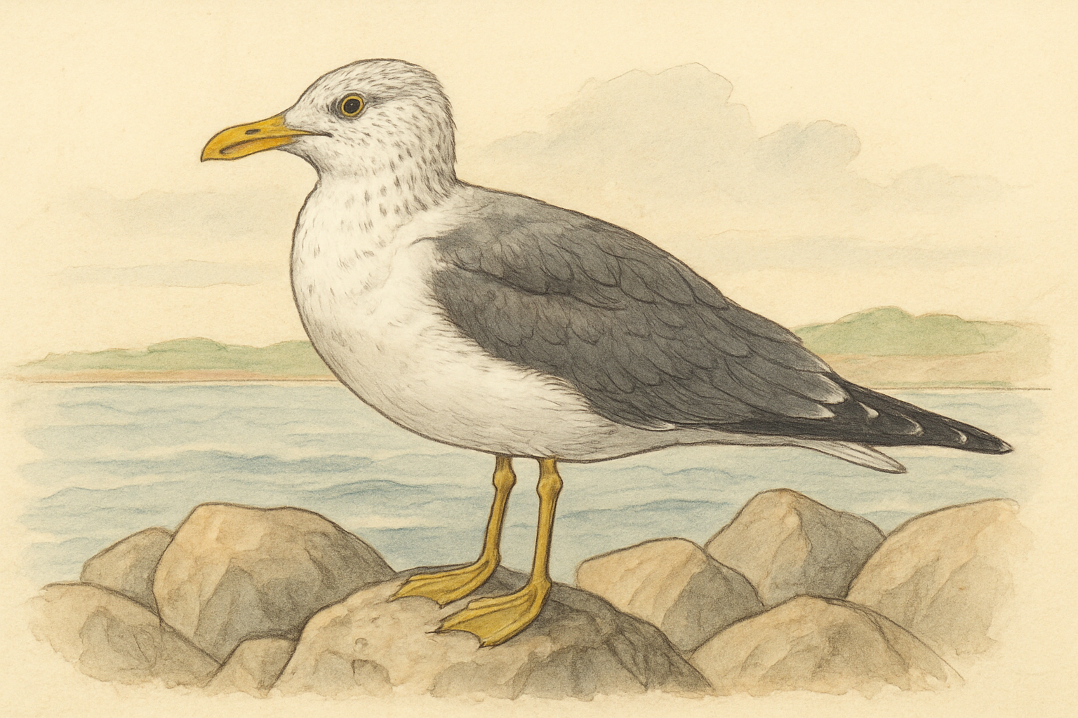 Stylized field-guide illustration of a Lesser Black-backed Gull