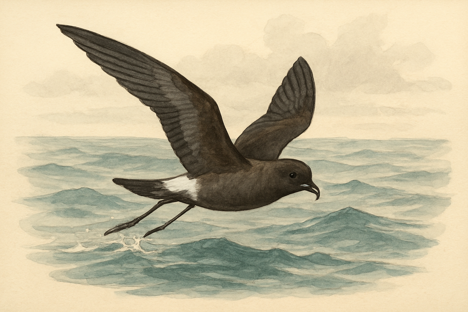 Stylized field-guide illustration of a Leach's Storm-Petrel