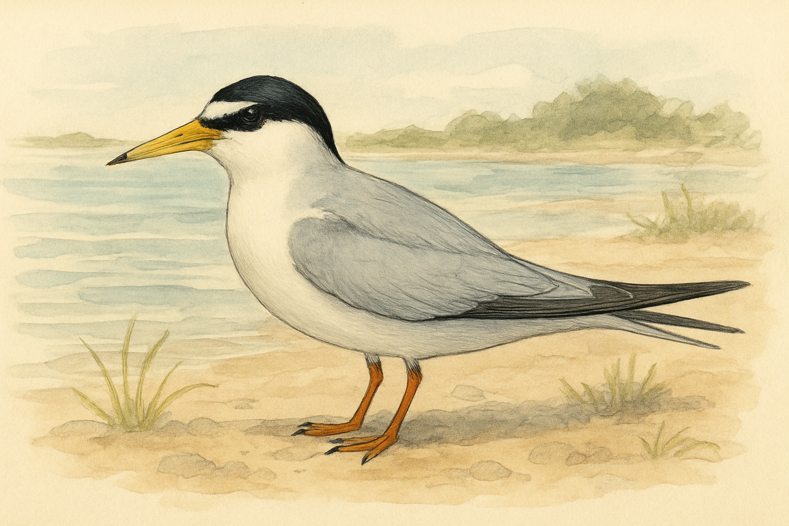Stylized field-guide illustration of a Least Tern