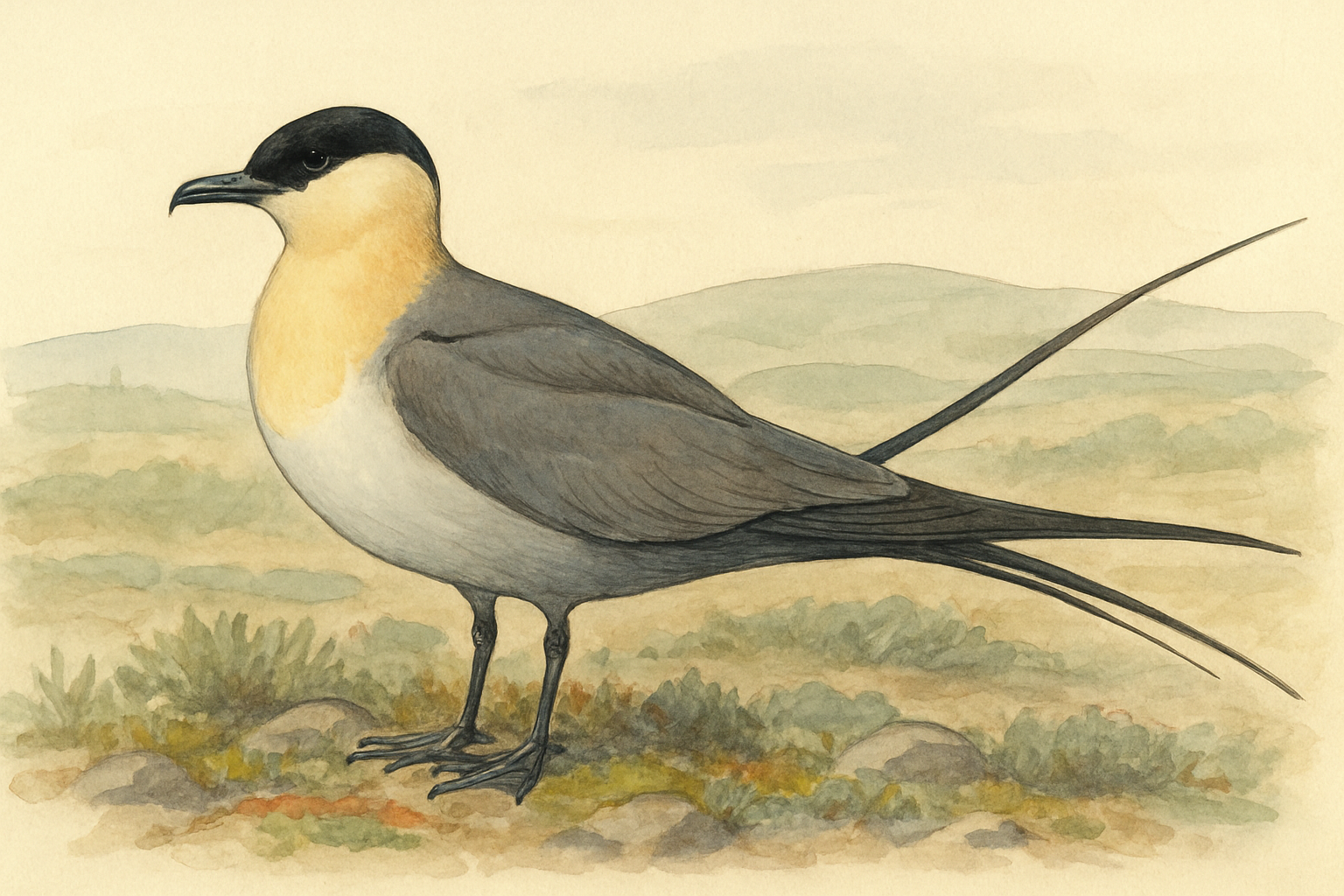 Stylized field-guide illustration of a Long-tailed Jaeger