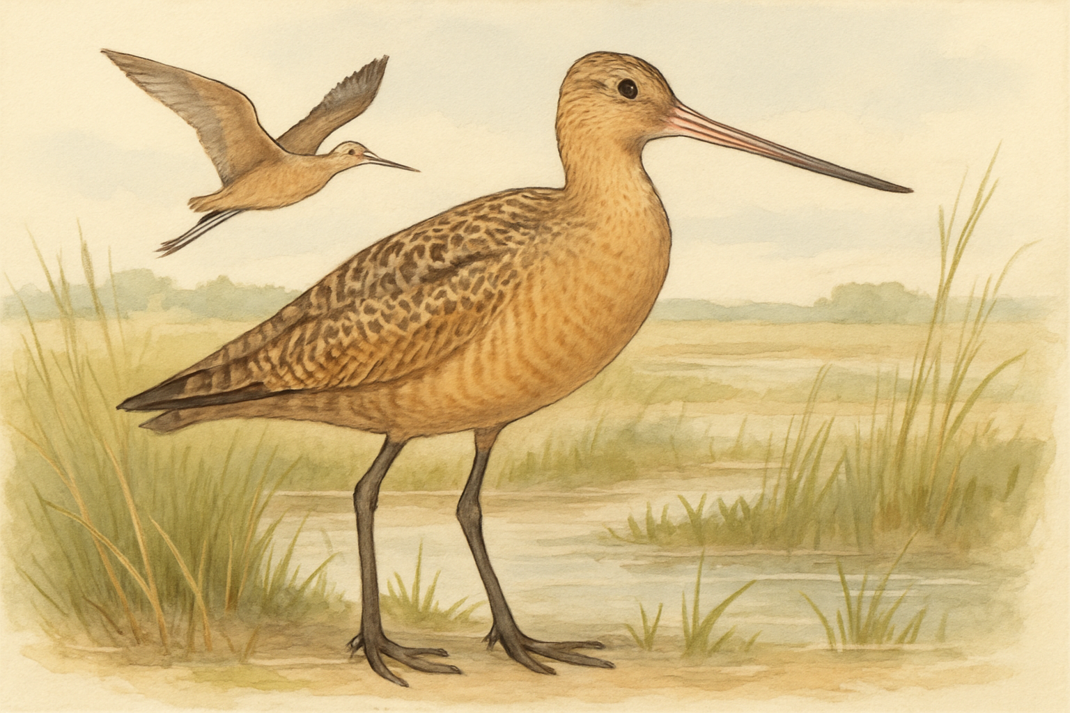 Stylized field-guide illustration of a Marbled Godwit