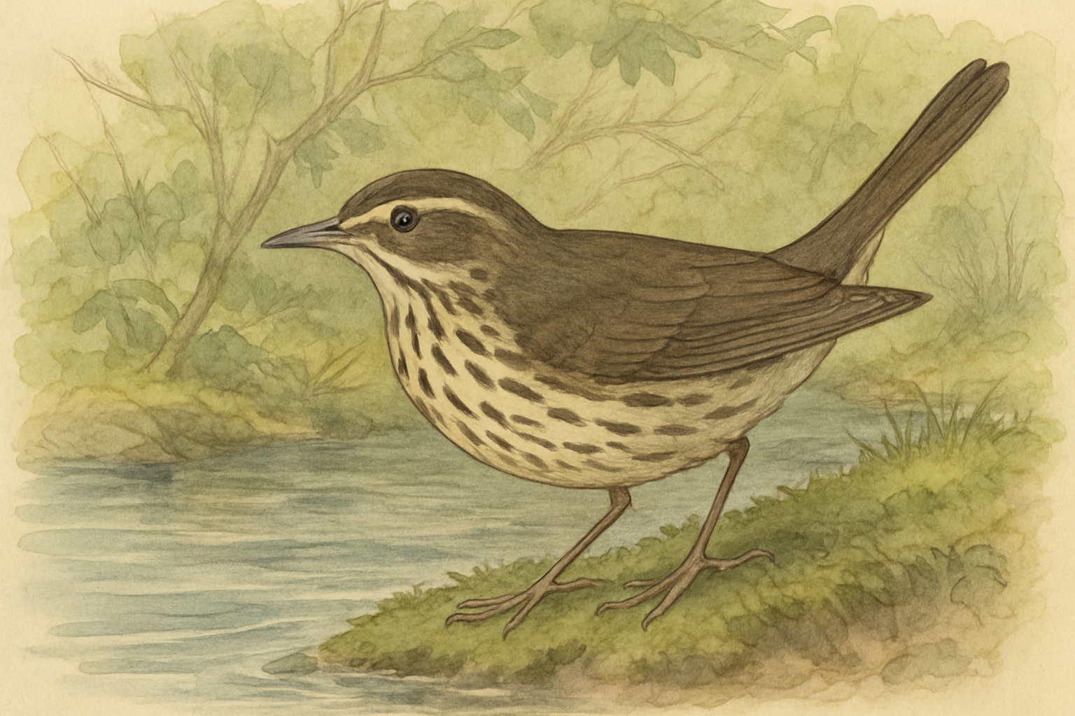Stylized field-guide illustration of a Northern Waterthrush