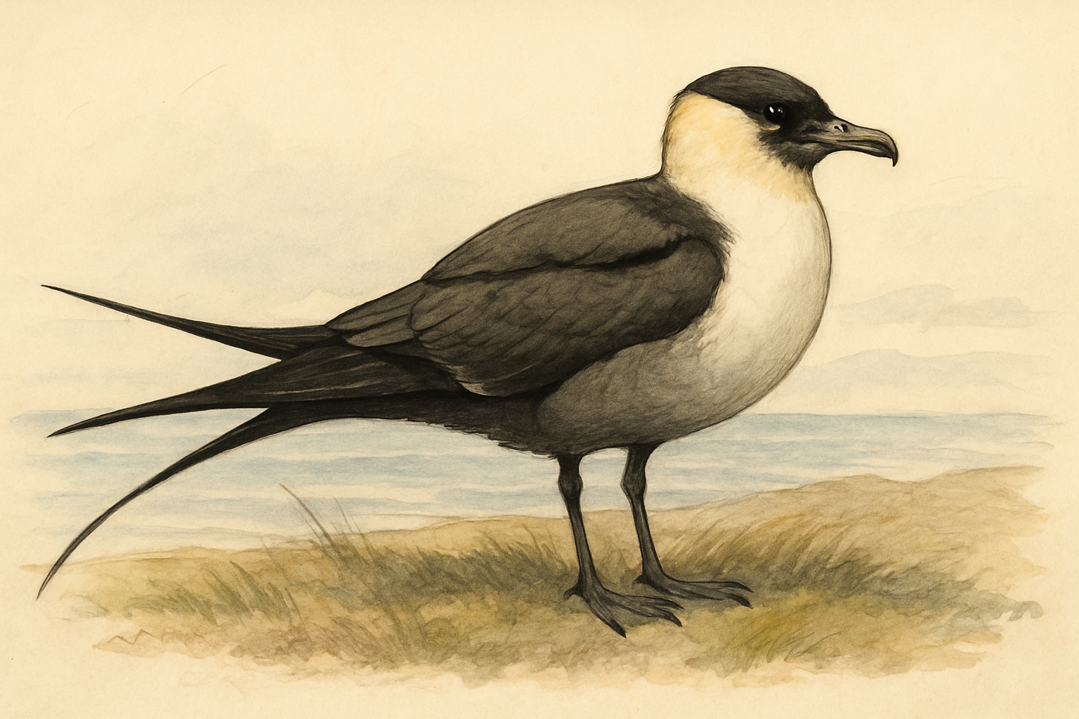 Stylized field-guide illustration of a Parasitic Jaeger