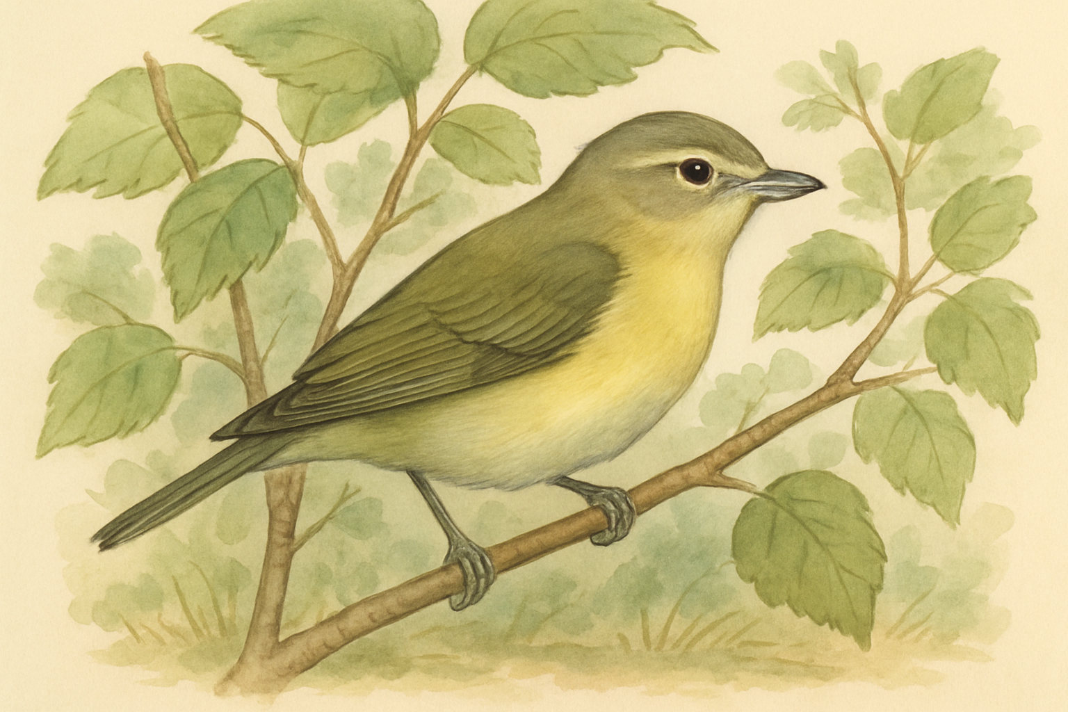 Stylized field-guide illustration of a Philadelphia Vireo