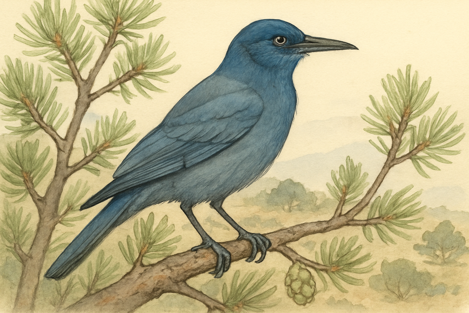 Stylized field-guide illustration of a Pinyon Jay