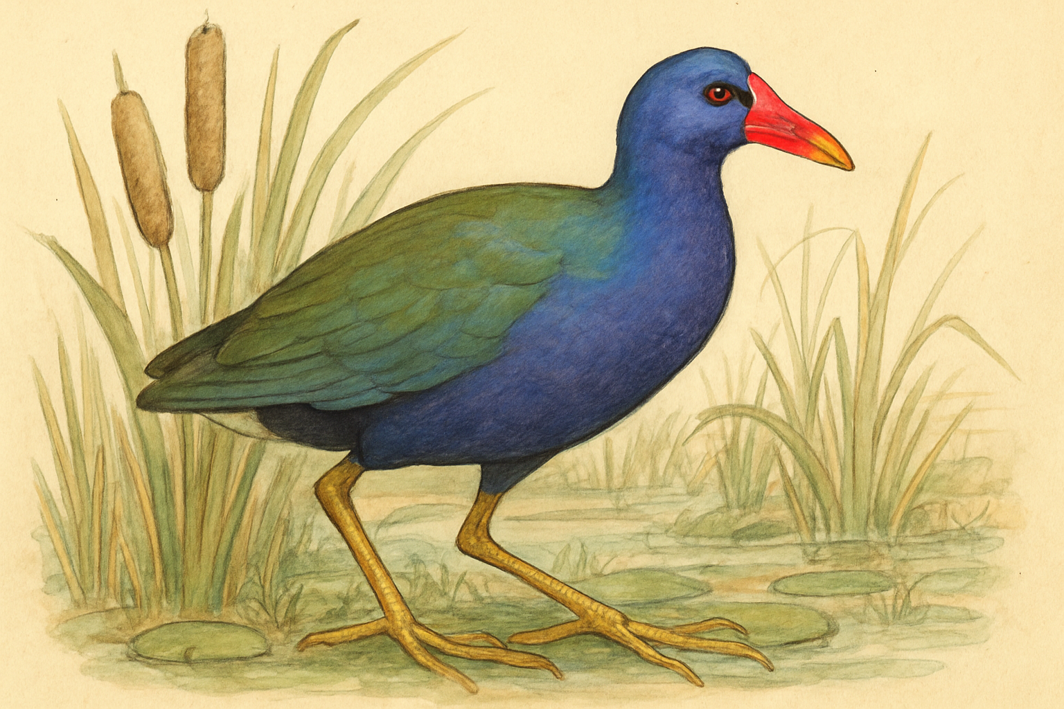 Stylized field-guide illustration of a Purple Gallinule
