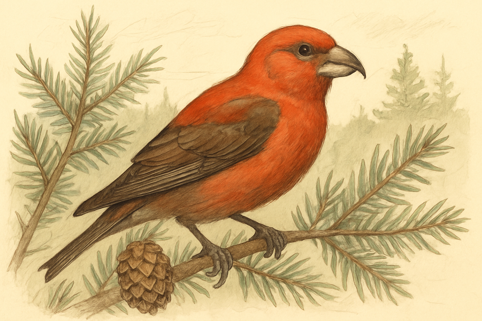 Stylized field-guide illustration of a Red Crossbill