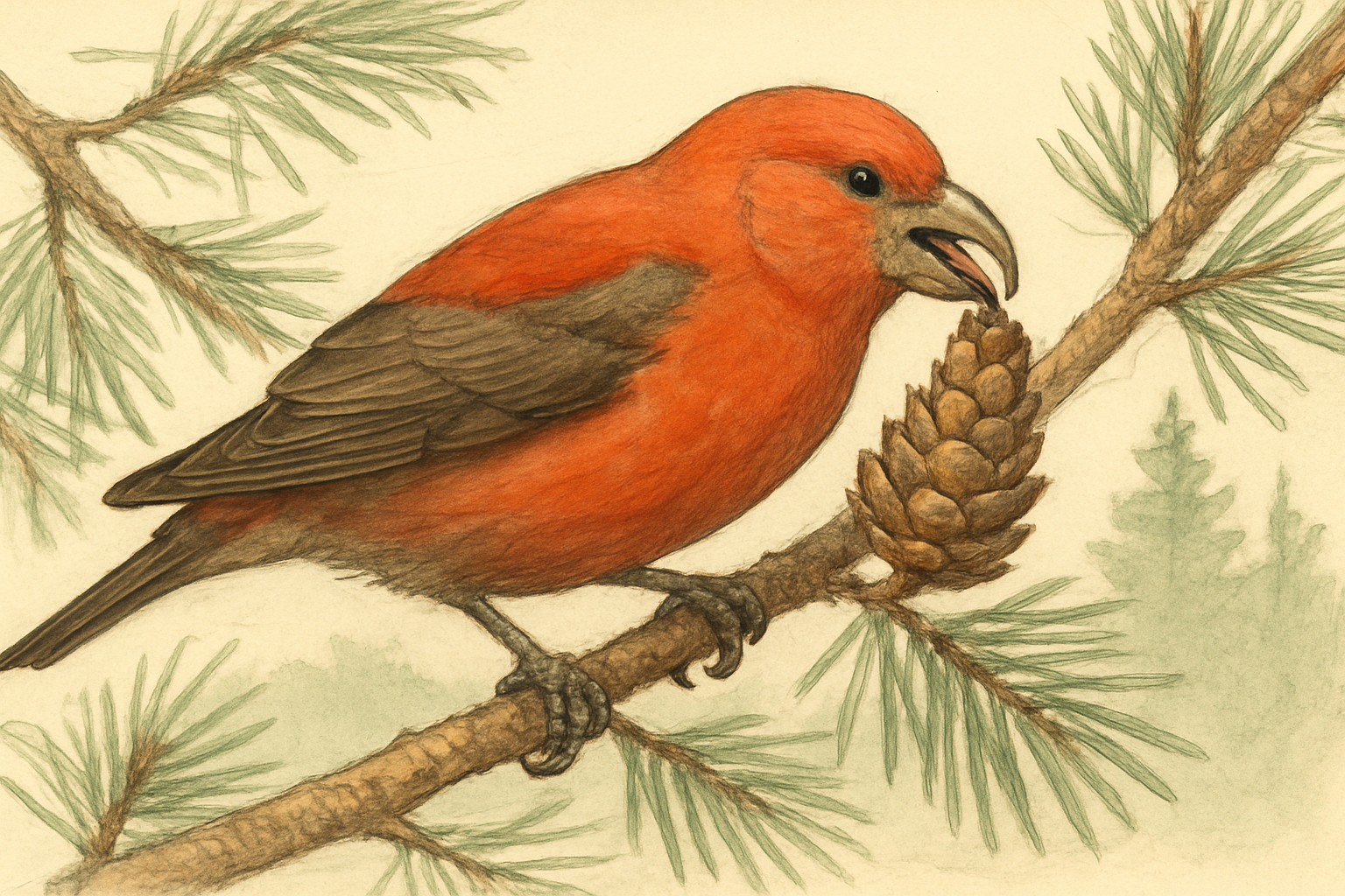 Stylized field-guide illustration of a Red Crossbill (Ponderosa Pine or type 2)