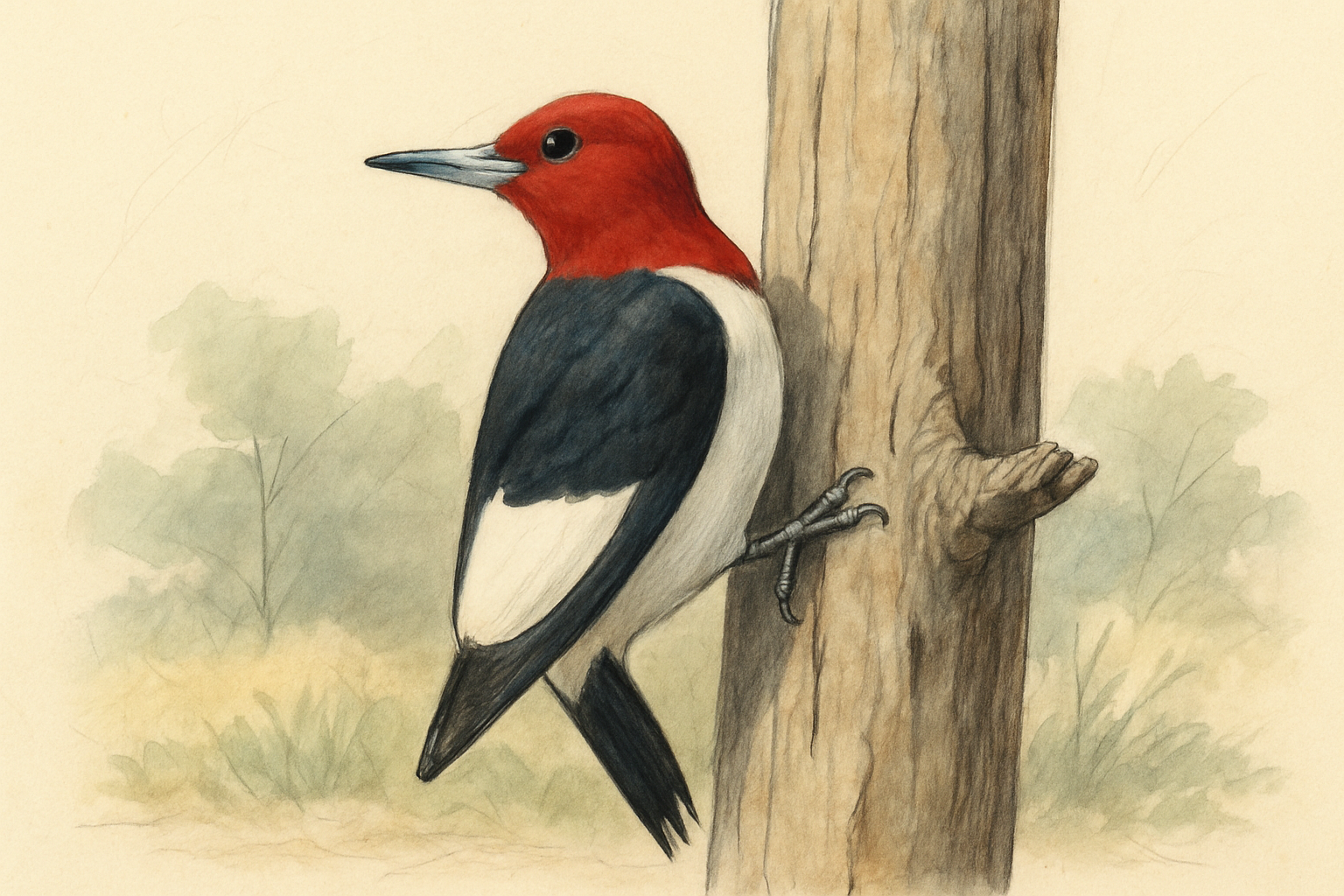 Stylized field-guide illustration of a Red-headed Woodpecker