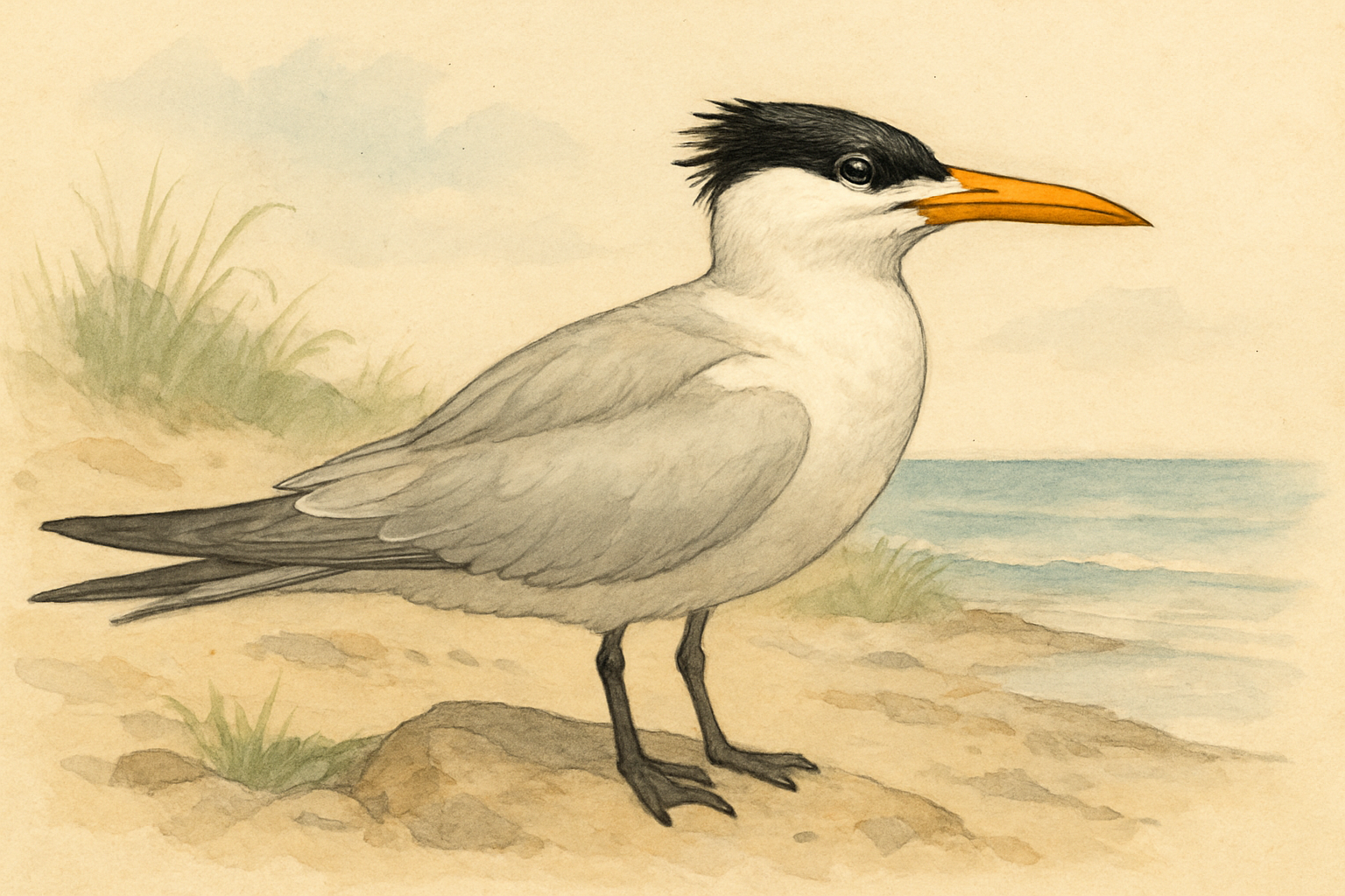 Stylized field-guide illustration of a Royal Tern