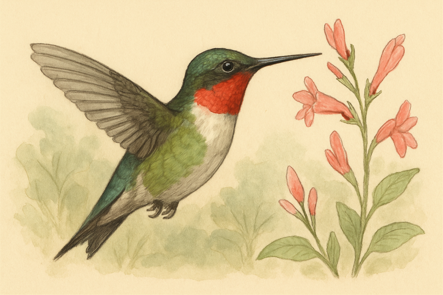 Stylized field-guide illustration of a Ruby-throated Hummingbird