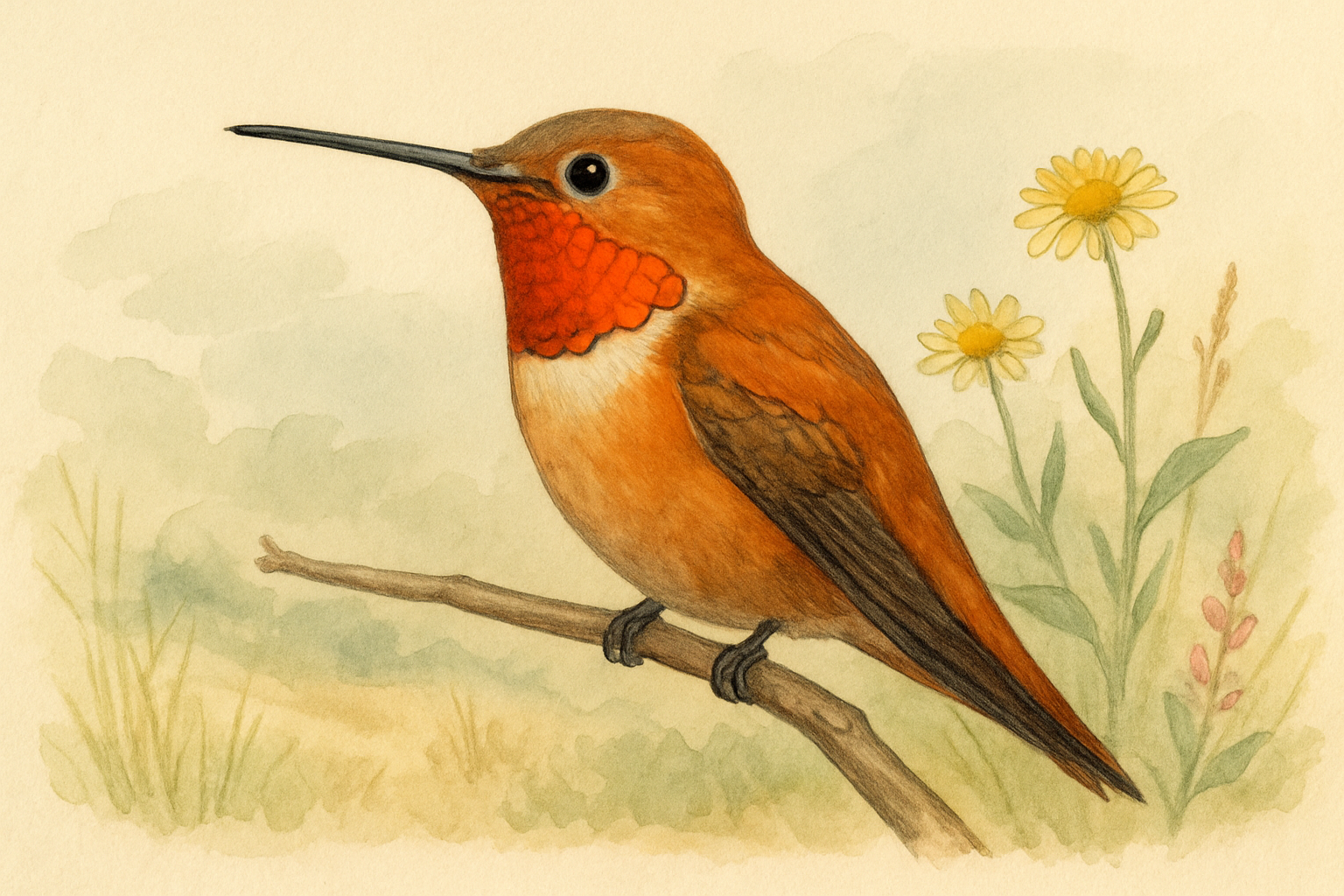 Stylized field-guide illustration of a Rufous Hummingbird