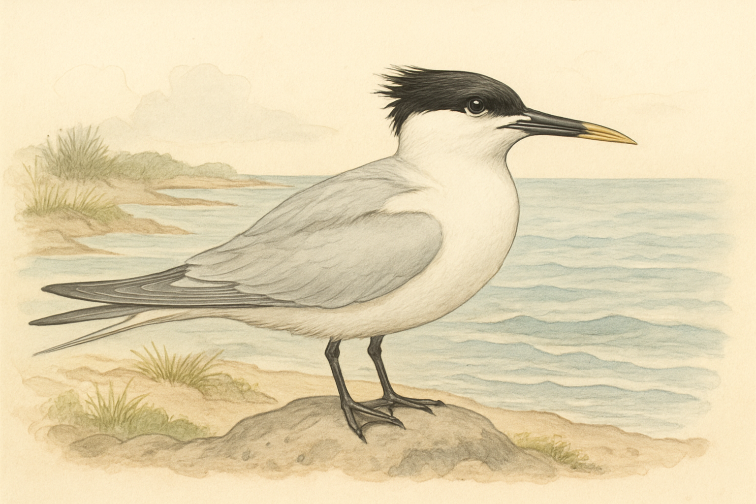 Stylized field-guide illustration of a Sandwich Tern