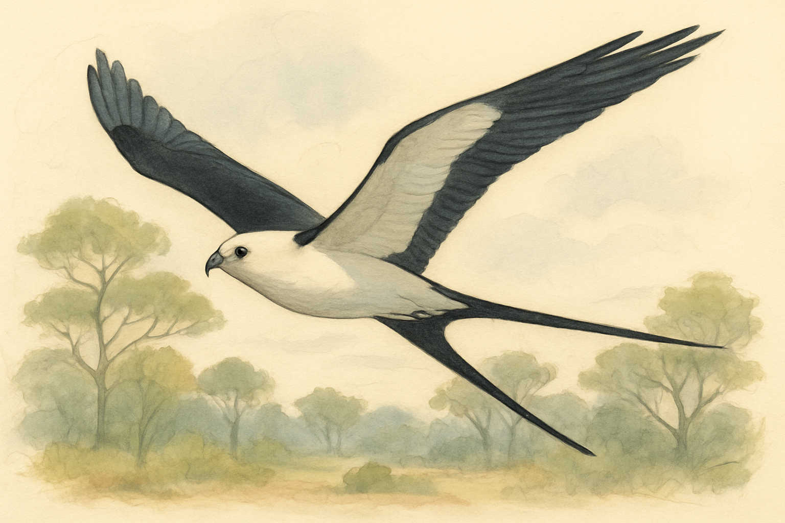 Stylized field-guide illustration of a Swallow-tailed Kite