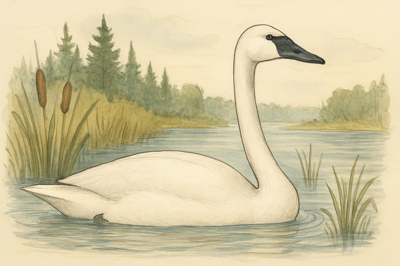 Stylized field-guide illustration of a Trumpeter Swan