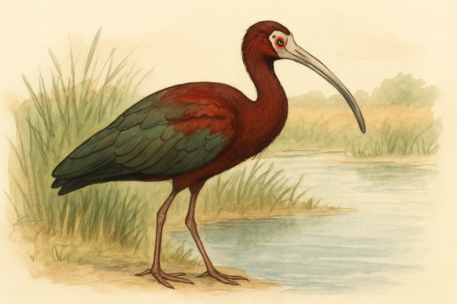 Stylized field-guide illustration of a White-faced Ibis