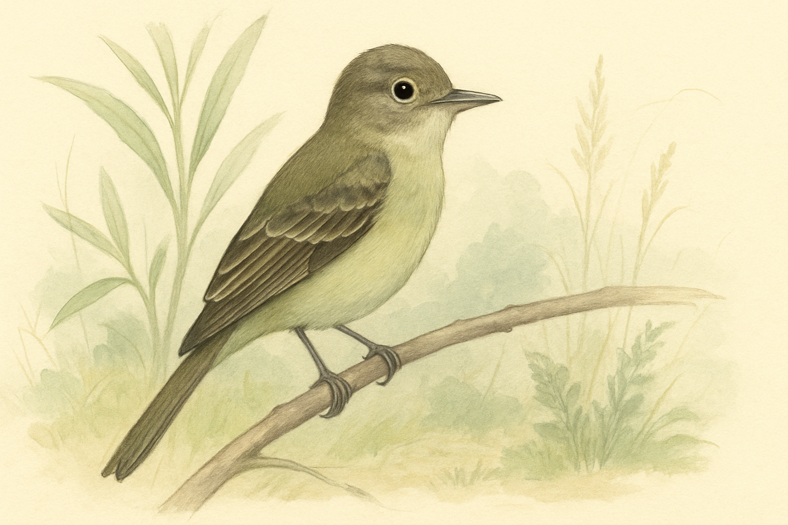 Stylized field-guide illustration of a Willow Flycatcher