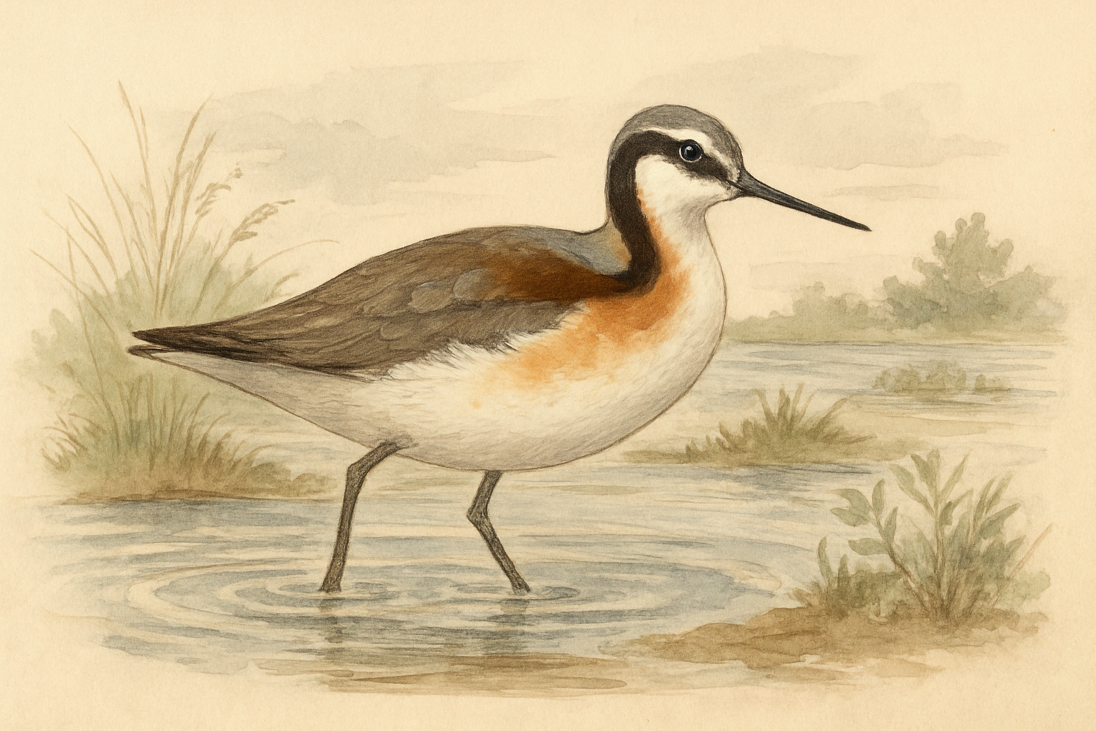 Stylized field-guide illustration of a Wilson's Phalarope