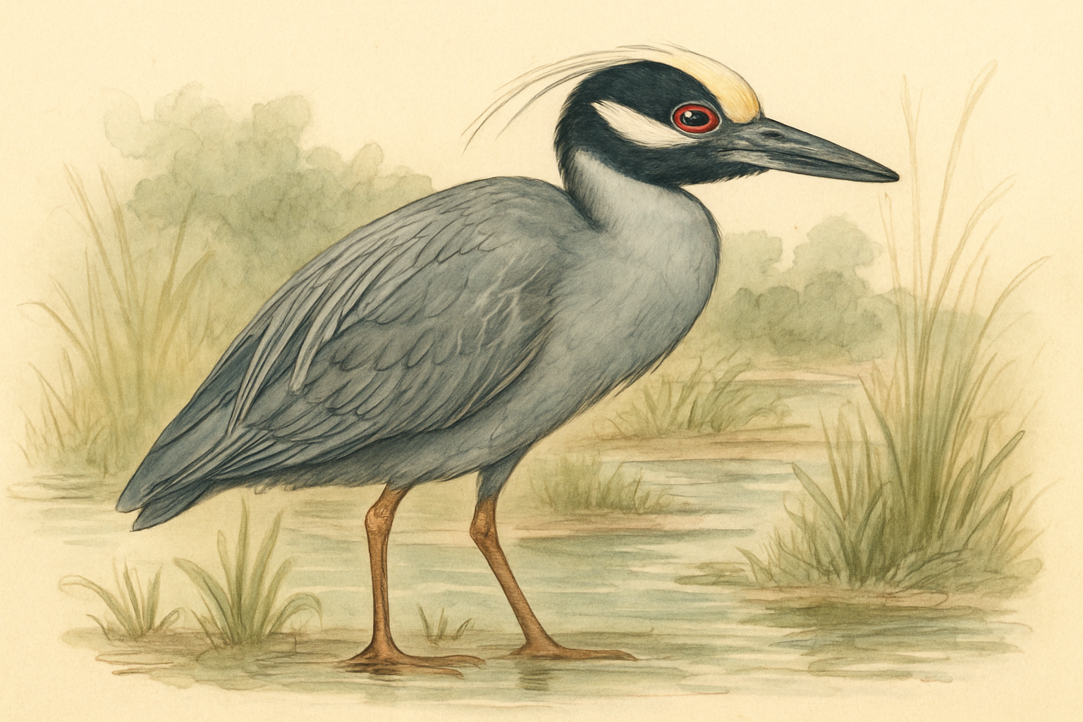 Stylized field-guide illustration of a Yellow-crowned Night Heron